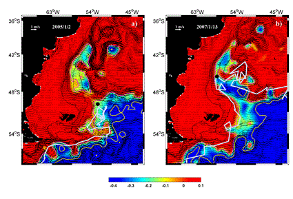 Malvinas Current variations: dissipation of mesoscale activity over the Malvinas Plateau and recurrent blocking events in the Argentine Basin.